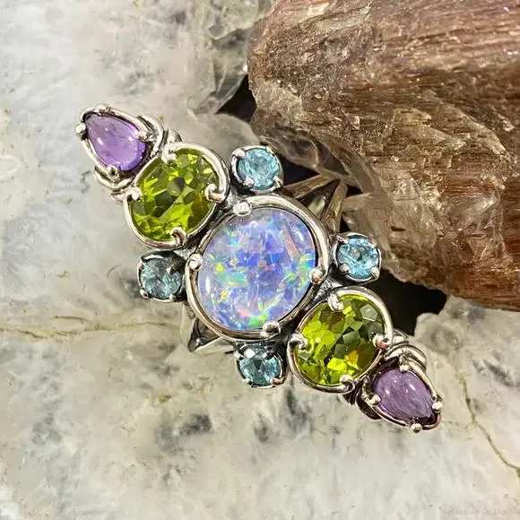 Carolyn Pollack Sterling Silver Elongated Multi Gemstone Ring Size 8 For Women - Picture 1 of 10